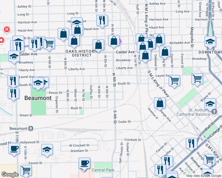 map of restaurants, bars, coffee shops, grocery stores, and more near 2046 Pecos Street in Beaumont
