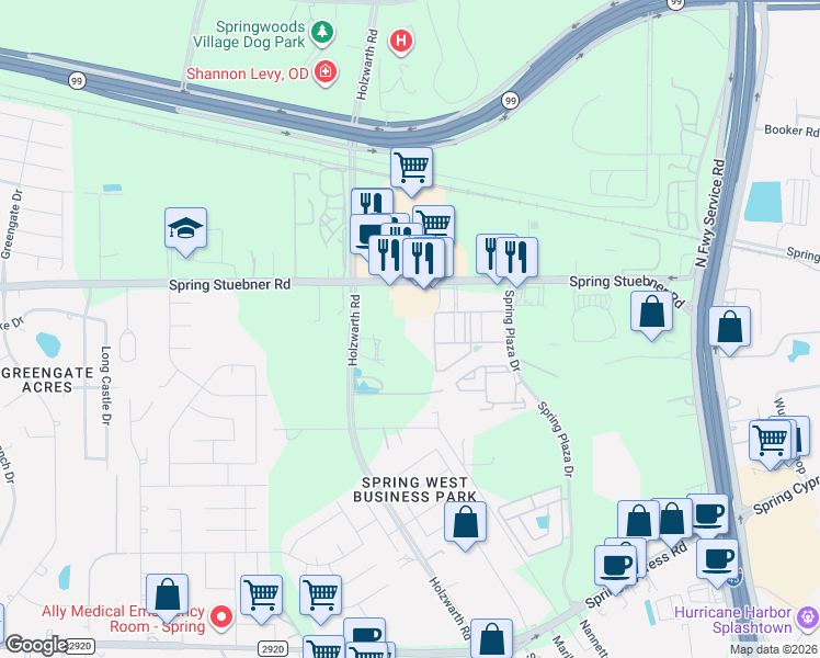 map of restaurants, bars, coffee shops, grocery stores, and more near 2121 Spring Stuebner Road in Spring