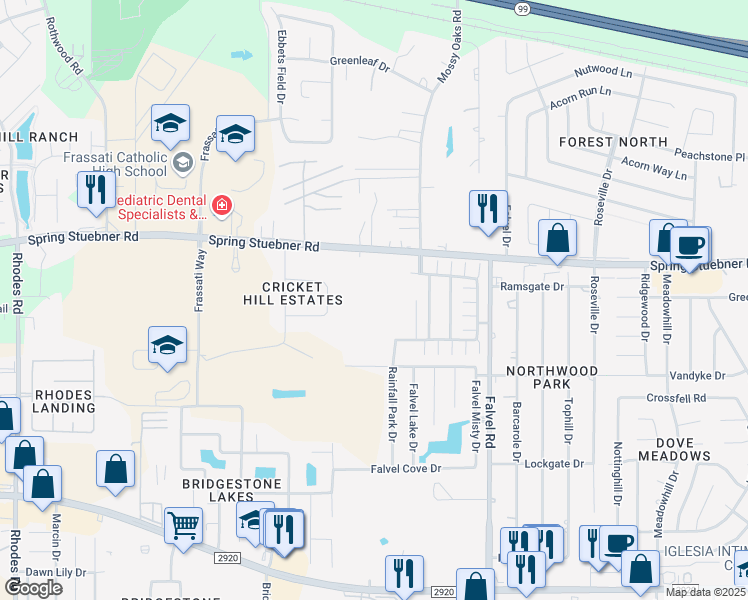 map of restaurants, bars, coffee shops, grocery stores, and more near Mossy Spring Lane in Spring