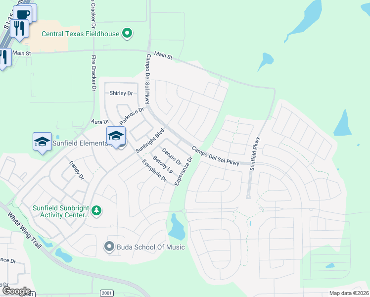map of restaurants, bars, coffee shops, grocery stores, and more near 521 Betony Loop in Buda