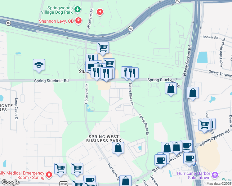 map of restaurants, bars, coffee shops, grocery stores, and more near 21603 Spring Plaza Drive in Spring
