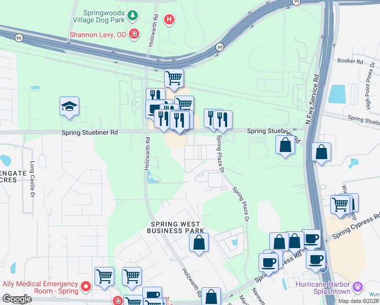 map of restaurants, bars, coffee shops, grocery stores, and more near 21603 Spring Plaza Drive in Spring