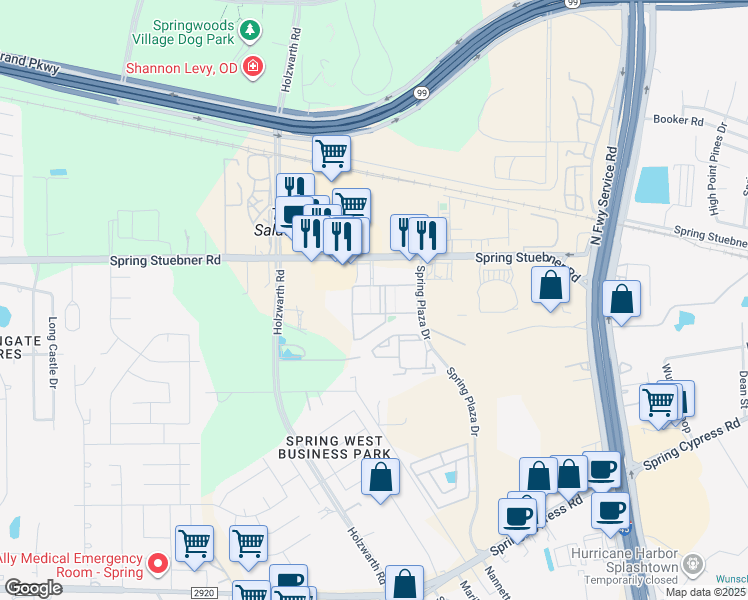map of restaurants, bars, coffee shops, grocery stores, and more near 2121 Spring Stuebner Road in Spring