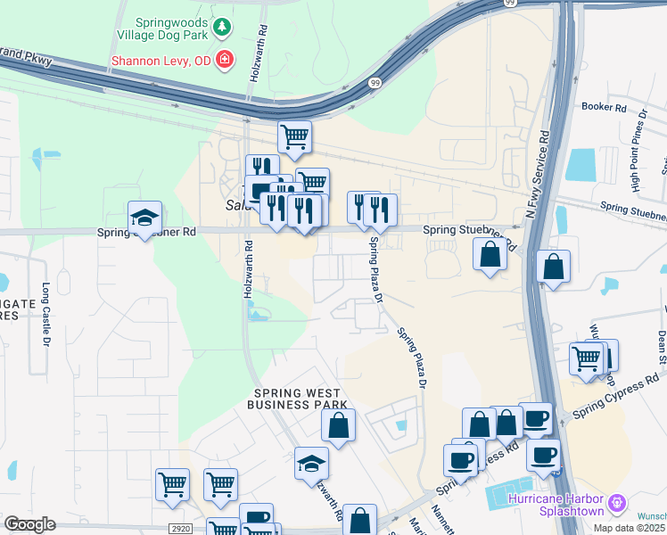 map of restaurants, bars, coffee shops, grocery stores, and more near 21603 Spring Plaza Drive in Spring