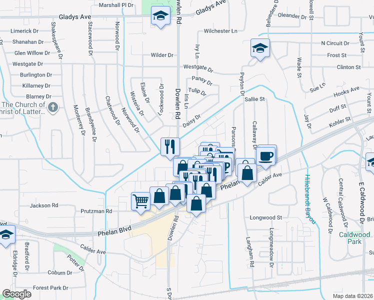 map of restaurants, bars, coffee shops, grocery stores, and more near 520 Dowlen Road in Beaumont