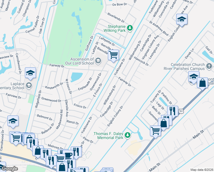 map of restaurants, bars, coffee shops, grocery stores, and more near 1900 Yorktowne Drive in LaPlace