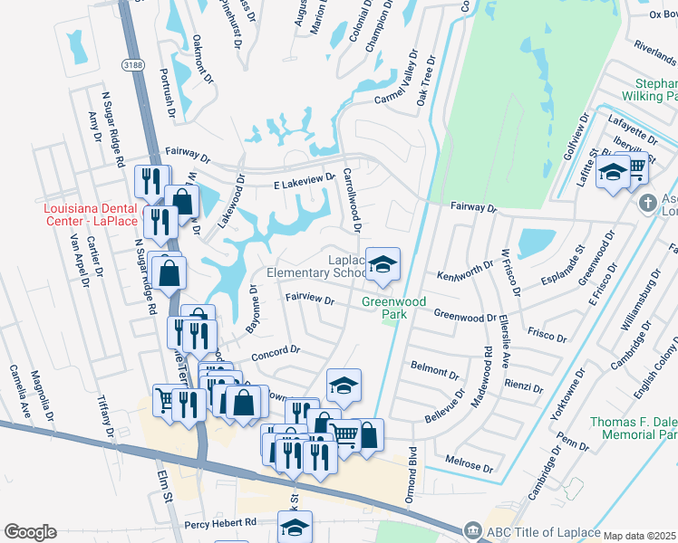 map of restaurants, bars, coffee shops, grocery stores, and more near 345 Greenwood Drive in LaPlace
