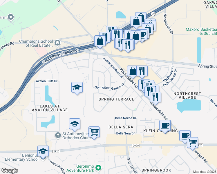 map of restaurants, bars, coffee shops, grocery stores, and more near 6814 Springfield Garden Lane in Spring