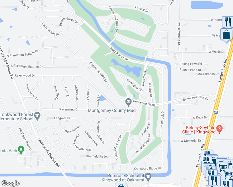map of restaurants, bars, coffee shops, grocery stores, and more near 20673 Bentwood Oaks Drive in Porter