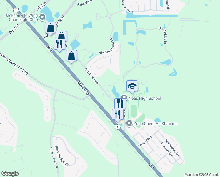 map of restaurants, bars, coffee shops, grocery stores, and more near 220 Nettles Lane in Ponte Vedra Beach