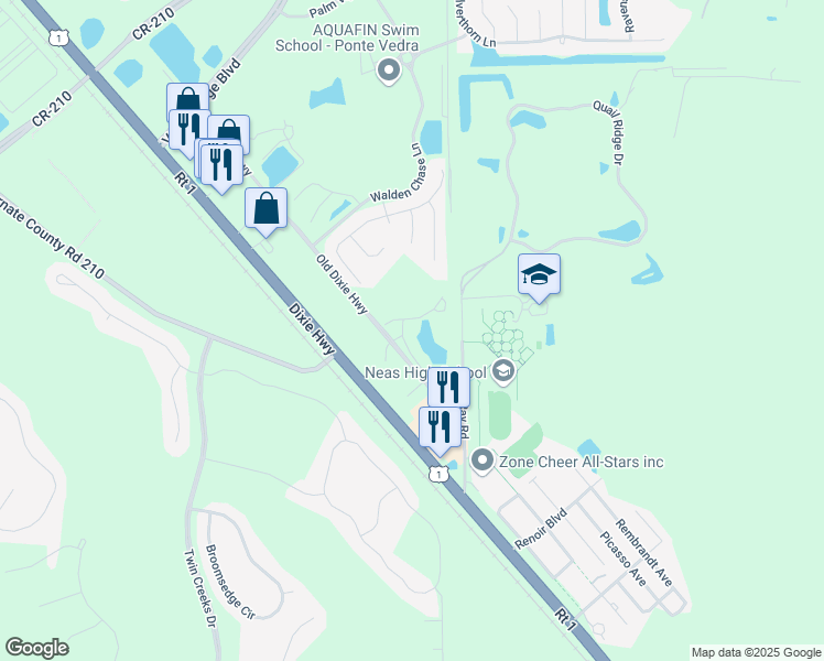 map of restaurants, bars, coffee shops, grocery stores, and more near 220 Nettles Lane in Ponte Vedra Beach