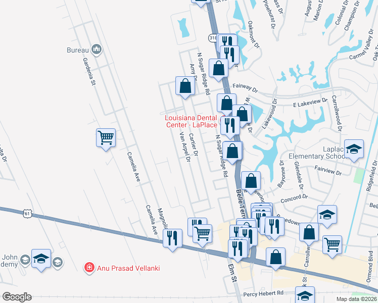 map of restaurants, bars, coffee shops, grocery stores, and more near 1804 Cartier Drive in LaPlace
