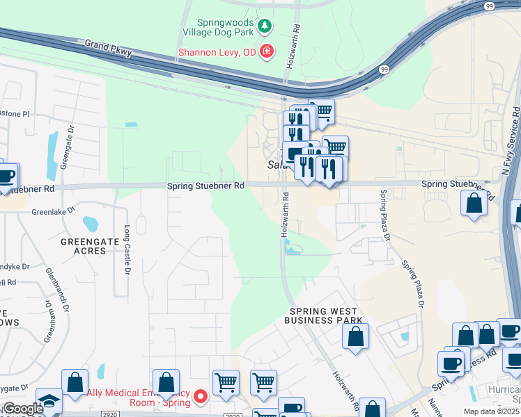 map of restaurants, bars, coffee shops, grocery stores, and more near 2311 Spring Stuebner Road in Spring