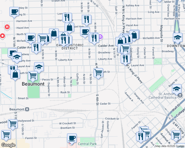 map of restaurants, bars, coffee shops, grocery stores, and more near 2046 Pecos Street in Beaumont