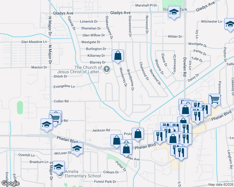 map of restaurants, bars, coffee shops, grocery stores, and more near 825 Shakespeare Drive in Beaumont