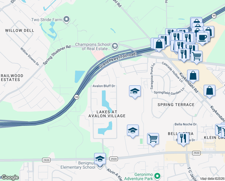 map of restaurants, bars, coffee shops, grocery stores, and more near 7114 Dekadine Court in Spring