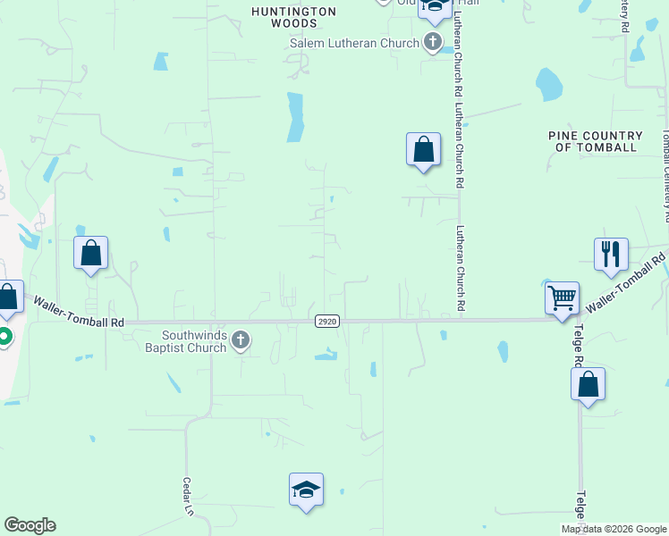 map of restaurants, bars, coffee shops, grocery stores, and more near 22010 Buescher Road in Tomball