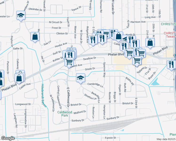map of restaurants, bars, coffee shops, grocery stores, and more near 5255 Oriole Drive in Beaumont