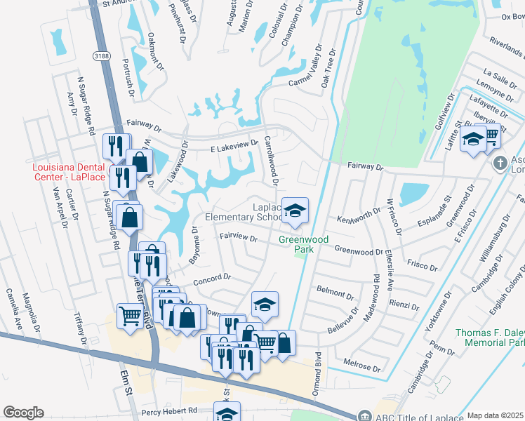 map of restaurants, bars, coffee shops, grocery stores, and more near 1704 Carrollwood Drive in LaPlace