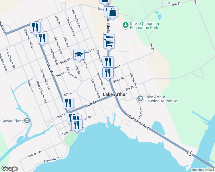 map of restaurants, bars, coffee shops, grocery stores, and more near 301 Nemento Avenue in Lake Arthur