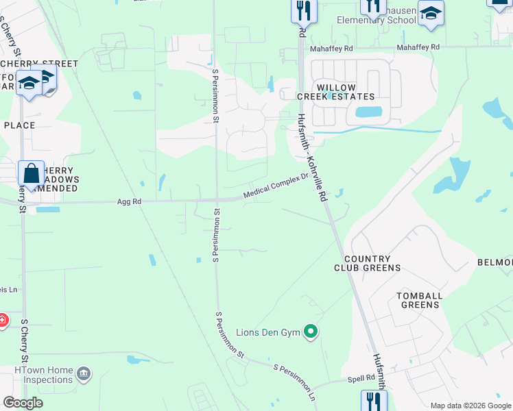 map of restaurants, bars, coffee shops, grocery stores, and more near 1515 South Persimmon Street in Tomball