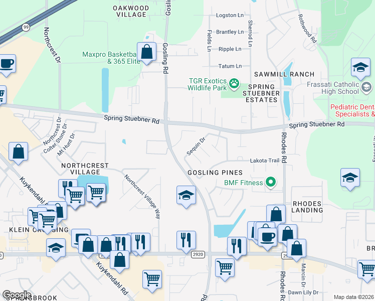 map of restaurants, bars, coffee shops, grocery stores, and more near 21750 Debray Drive in Spring