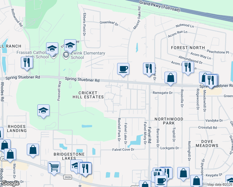 map of restaurants, bars, coffee shops, grocery stores, and more near 4209 Spring Stuebner Road in Spring