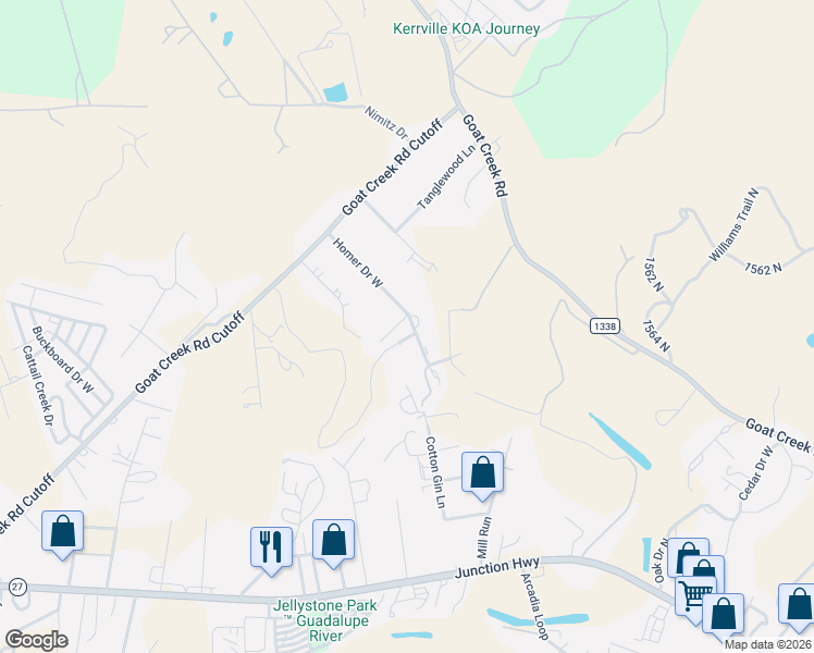 map of restaurants, bars, coffee shops, grocery stores, and more near 109 Harold Street in Kerrville