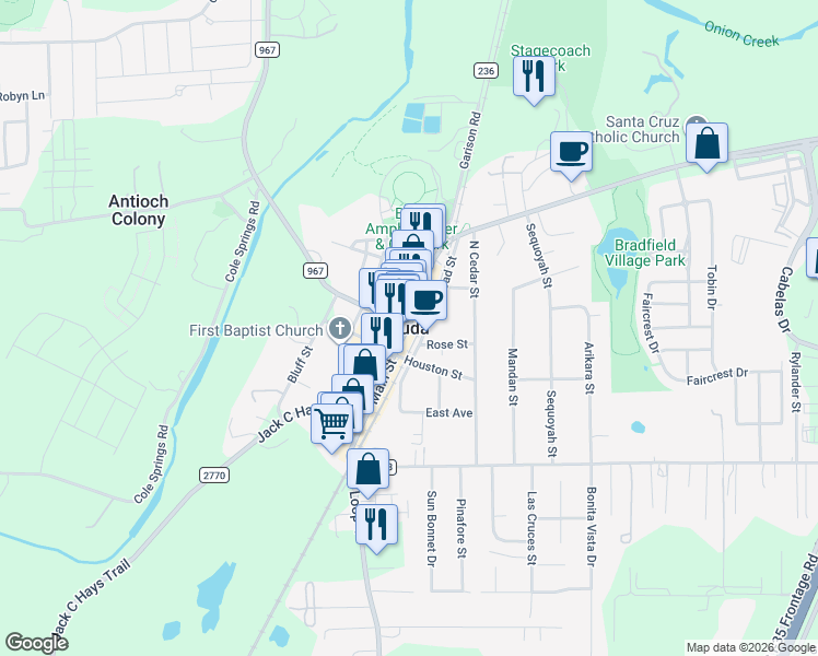map of restaurants, bars, coffee shops, grocery stores, and more near in Buda