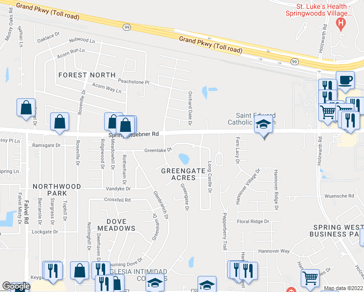 map of restaurants, bars, coffee shops, grocery stores, and more near 2911 Greenlake Drive in Spring