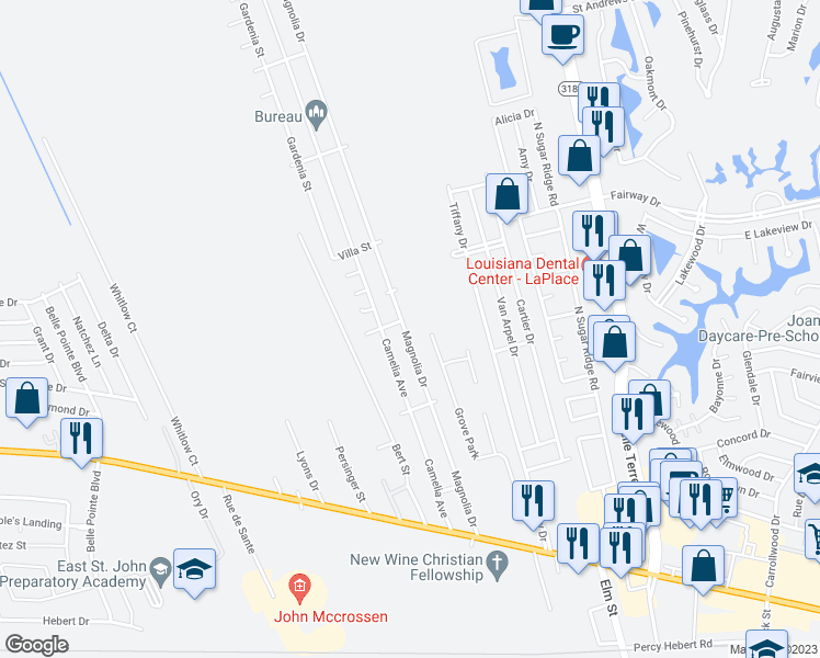 map of restaurants, bars, coffee shops, grocery stores, and more near 328 Magnolia Drive in LaPlace