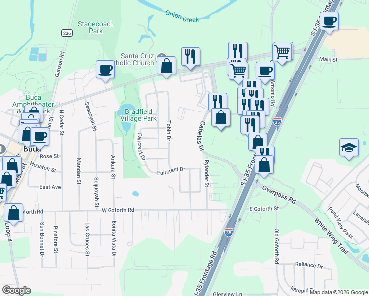 map of restaurants, bars, coffee shops, grocery stores, and more near 1480 Cabelas Drive in Buda