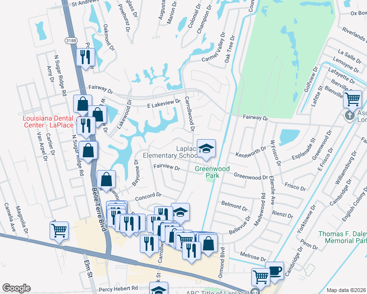map of restaurants, bars, coffee shops, grocery stores, and more near 101 Lake Ridge Drive in LaPlace