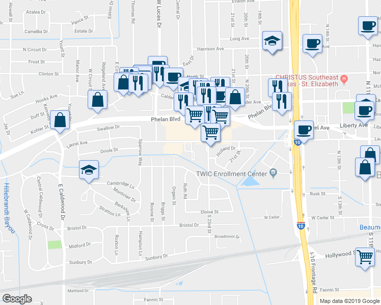 map of restaurants, bars, coffee shops, grocery stores, and more near 4075 Laurel Avenue in Beaumont