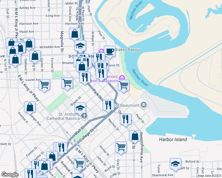 map of restaurants, bars, coffee shops, grocery stores, and more near 620 Pearl Street in Beaumont