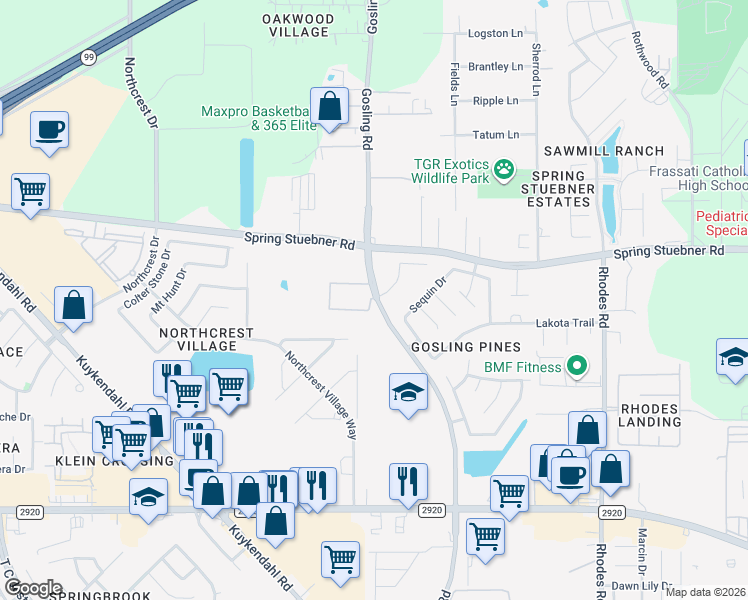 map of restaurants, bars, coffee shops, grocery stores, and more near 21903 Gosling Cedar Place in Spring