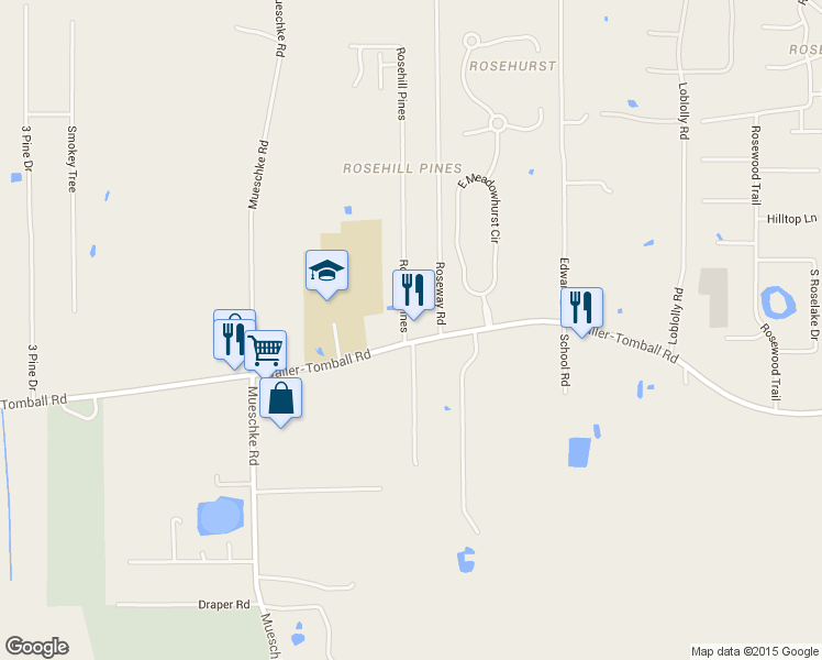 map of restaurants, bars, coffee shops, grocery stores, and more near 22008 Rosehill Pines in Tomball