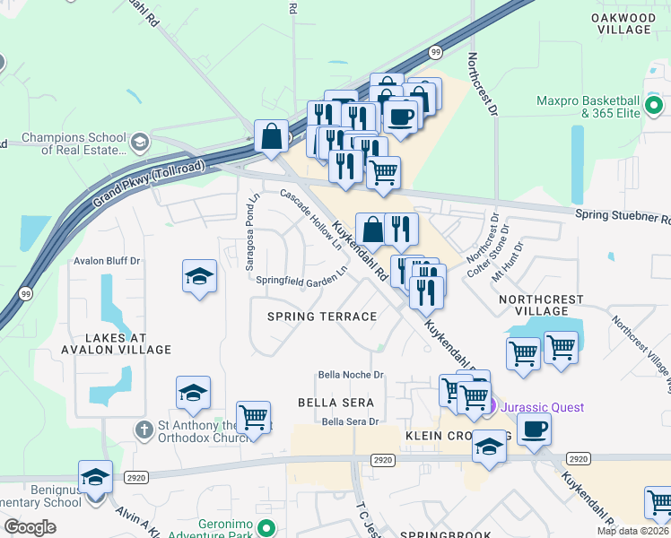 map of restaurants, bars, coffee shops, grocery stores, and more near 21706 Cascade Hollow Lane in Spring