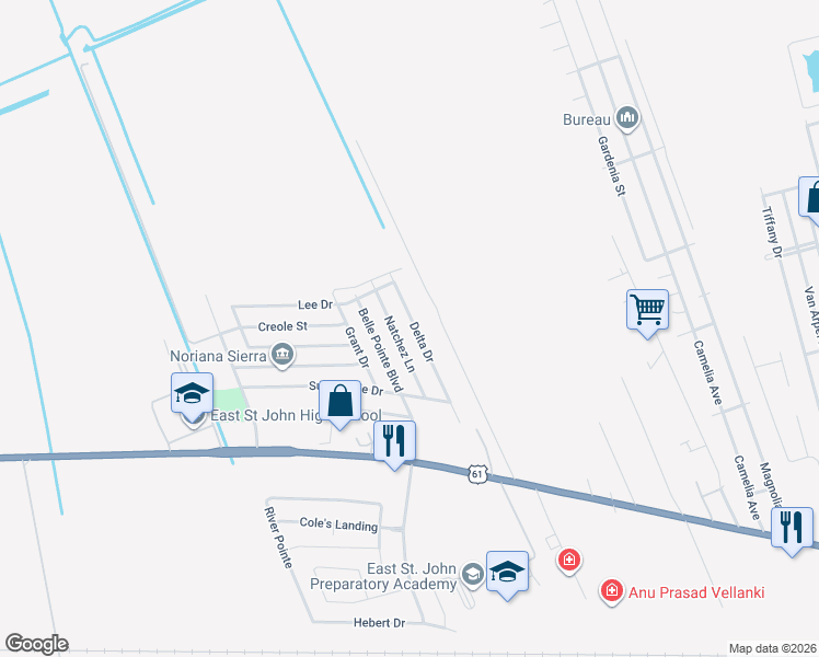 map of restaurants, bars, coffee shops, grocery stores, and more near 1532 Delta Drive in LaPlace