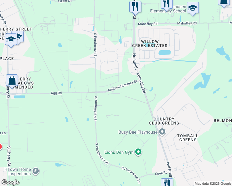map of restaurants, bars, coffee shops, grocery stores, and more near 1515 South Persimmon Street in Tomball