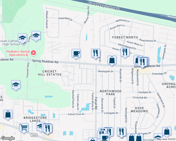 map of restaurants, bars, coffee shops, grocery stores, and more near 21838 Grassy Hill Lane in Spring