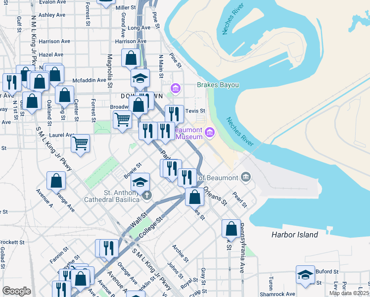 map of restaurants, bars, coffee shops, grocery stores, and more near 345 Fannin Street in Beaumont
