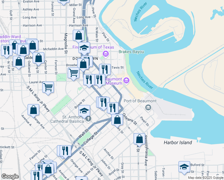 map of restaurants, bars, coffee shops, grocery stores, and more near 345 Fannin Street in Beaumont