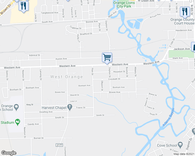 map of restaurants, bars, coffee shops, grocery stores, and more near 2112 Crockett Street in West Orange