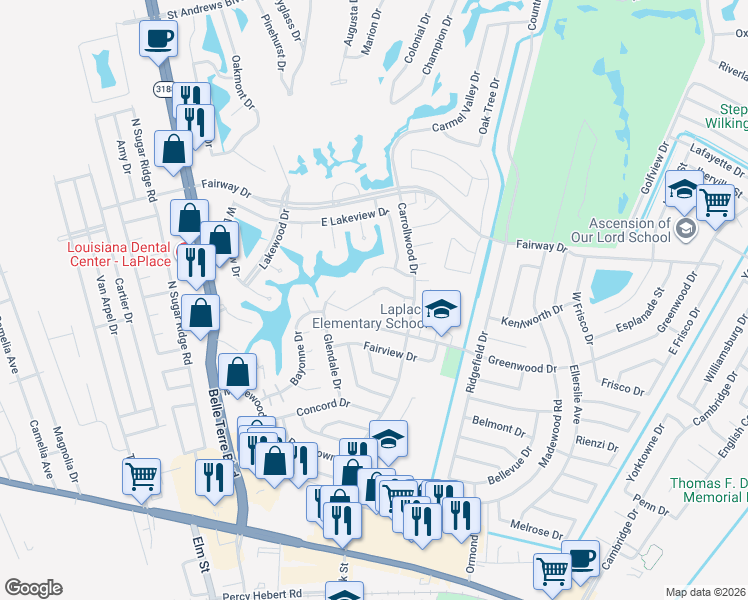 map of restaurants, bars, coffee shops, grocery stores, and more near 125 Lake Ridge Drive in LaPlace