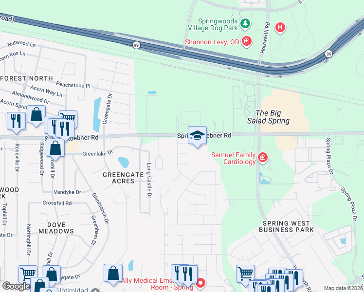 map of restaurants, bars, coffee shops, grocery stores, and more near 2402 Fern Lacy Court in Spring