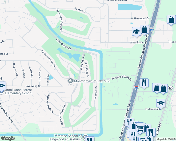 map of restaurants, bars, coffee shops, grocery stores, and more near 25231 Bull Ridge Drive in Porter
