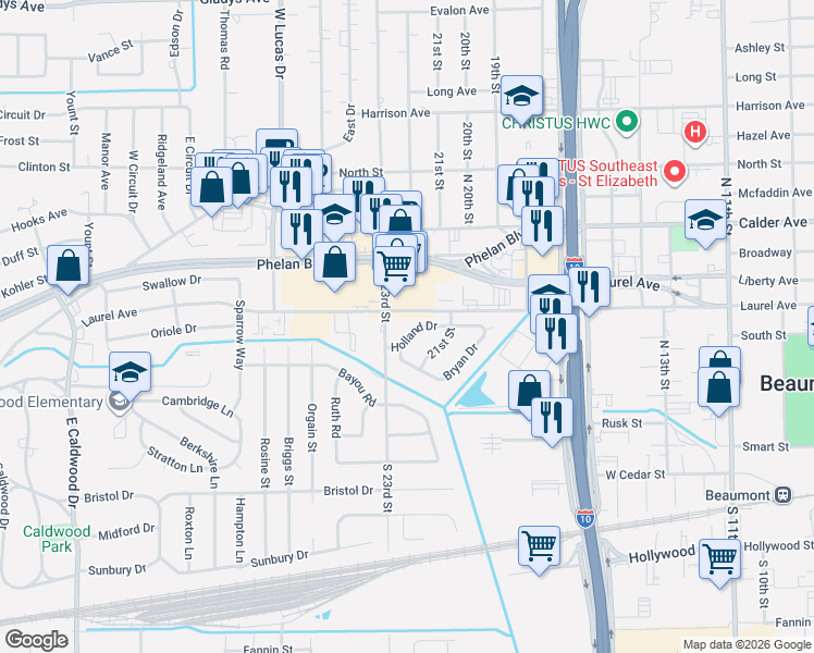 map of restaurants, bars, coffee shops, grocery stores, and more near 3881-3899 Laurel Avenue in Beaumont