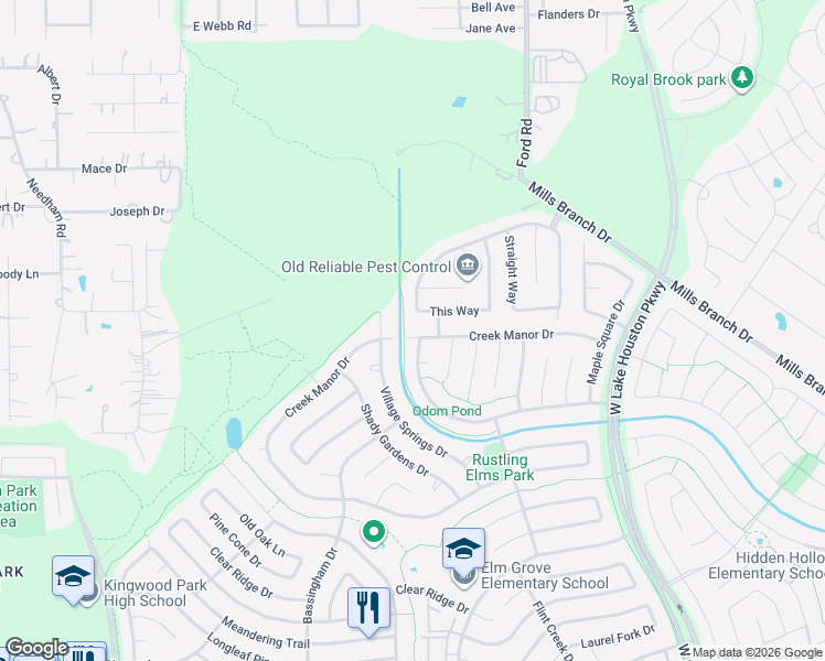 map of restaurants, bars, coffee shops, grocery stores, and more near 5514 Village Springs Drive in Humble