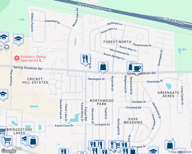 map of restaurants, bars, coffee shops, grocery stores, and more near 3727 Spring Stuebner Road in Spring